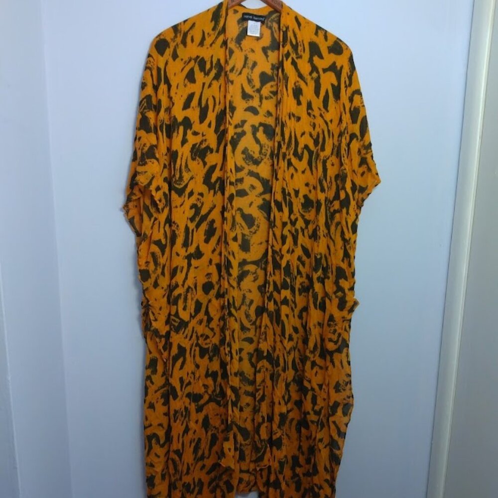 Women's Open Front Kimono Beach Cover Up Duster One Size Black Orange Coastal